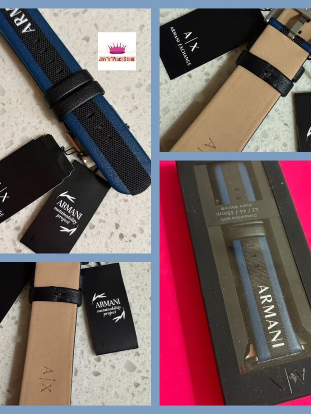 $65 NEW Armani Exchange Blue Leather Apple Watch Strap Band 42/44/45mm